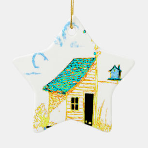 Farm Scene with shed, tree, and birdhouse Ceramic Ornament