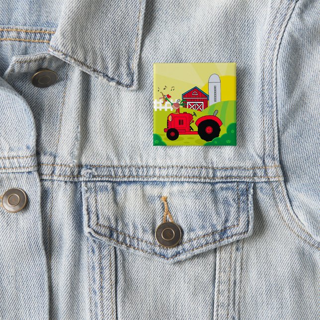 Farm Scene with Singing Rooster on Tractor  15 Cm Square Badge (Creator Uploaded)