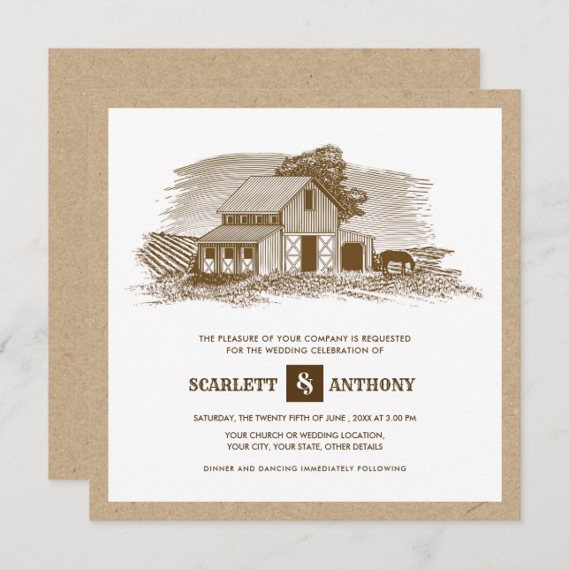 Farm Scetch Kraft Paper Rustic Wedding Invitations (Front/Back)