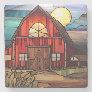 Farm Stained Glass Red Rustic Barn Landscape Stone Coaster