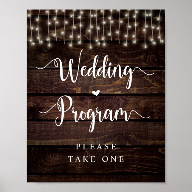 Farm String Lights, Dark Wood, Wedding Program Poster (Front)