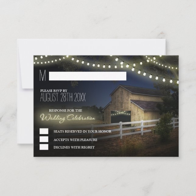 Farm String Lights Rustic Barn Wedding RSVP Cards (Front)
