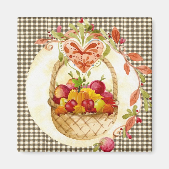 Farm Style Harvest Basket / Brown Gingham Fridge Magnet (Front)