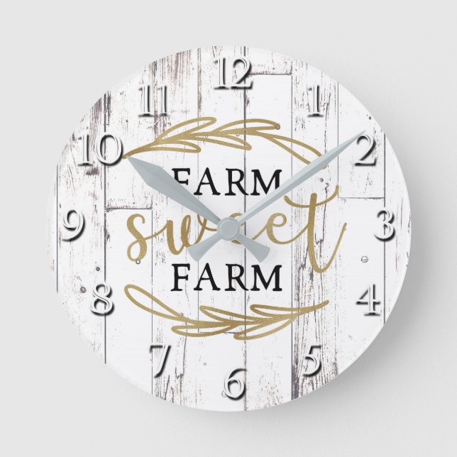 Farm Sweet Farm White Wood Country Farmhouse Round Clock (Front)