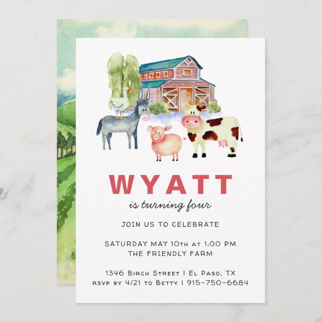 Farm Theme Birthday Party Invitation (Front/Back)
