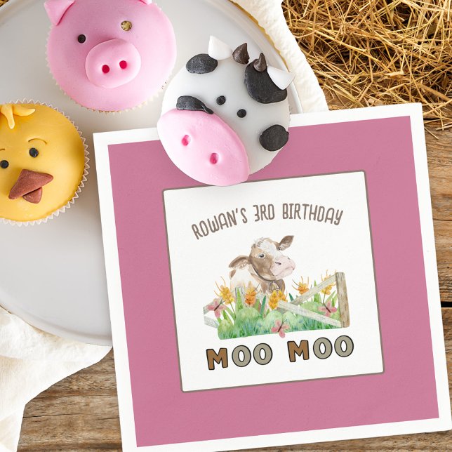 Farm Theme Cow Moo Moo Kids Birthday Party Napkin (Farm themed birthday party plates with personalized wording)