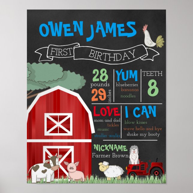Farm Theme First Birthday Stats Chalkboard Poster (Front)