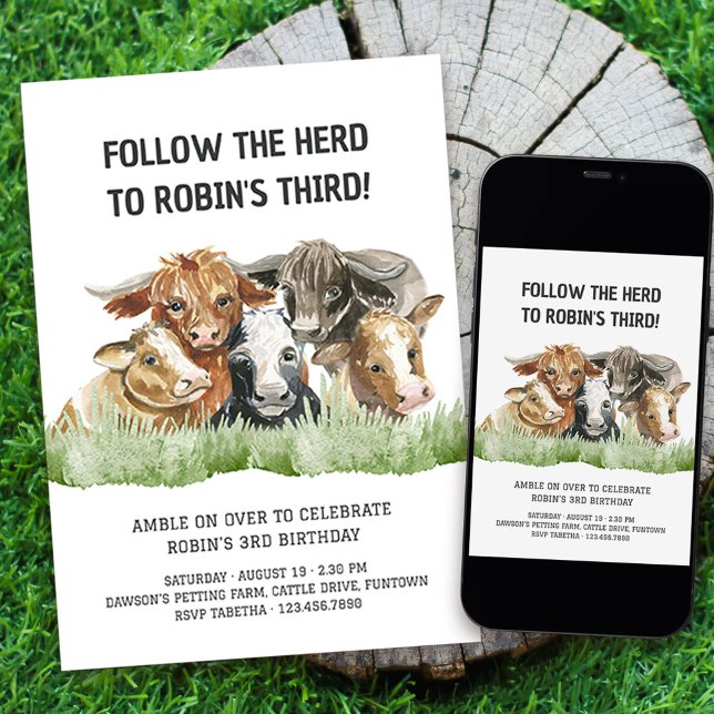 Farm Theme Follow the Herd 3rd Birthday Invitation (Invite your guests to amble on over with a fun farm themed "Follow the Herd" 3rd birthday invitation)