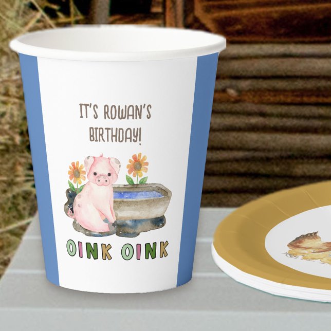Farm Theme Pig Oink Oink Kids Birthday Party Paper Cups (Farm themed birthday party paper cups with personalized wording)