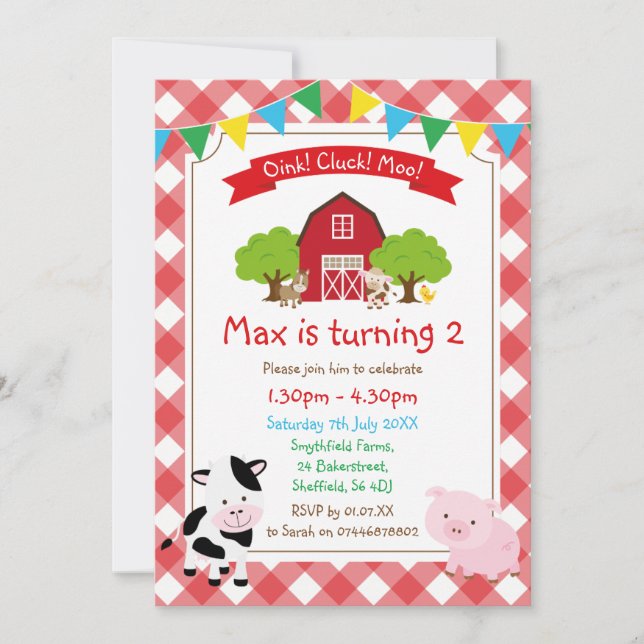 Farm themed birthday party invitation (Front)
