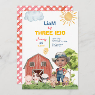 Farm Three I-E-I-O 3rd Birthday Photo Invitation