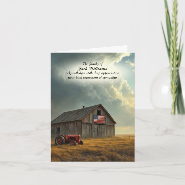 Farm Tractor and Barn For Sympathy Thank You Card (Front)