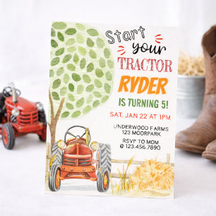 Farm Tractor Birthday Party Invitation   Red Tract