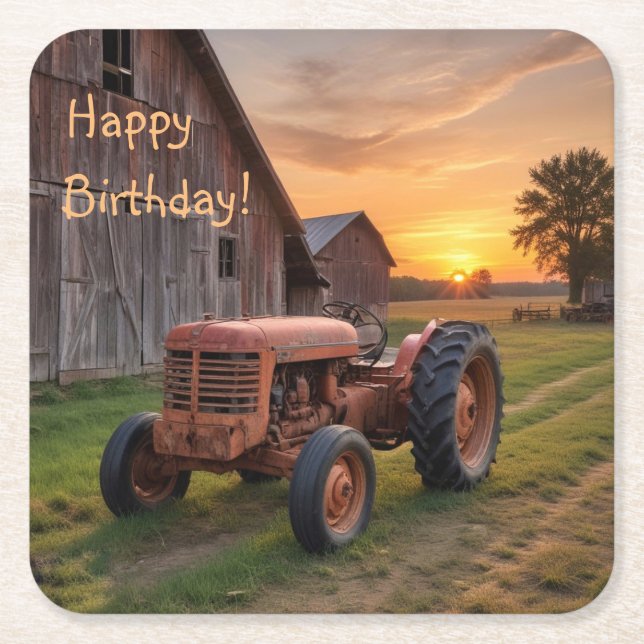 Farm Tractor Birthday  Square Paper Coaster (Front)