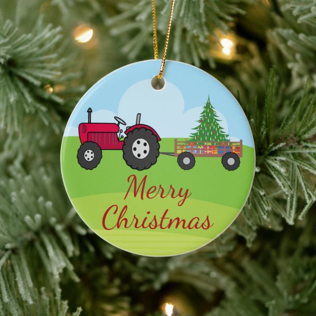 Farm Tractor Christmas Ceramic Ornament (Tree)