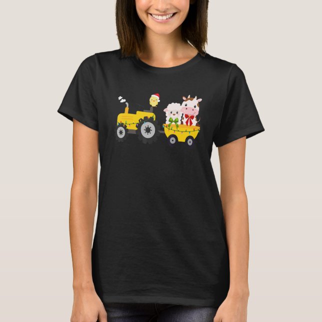 Farm Tractor Cow Sheep Chick Christmas Xmas Family T-Shirt (Front)