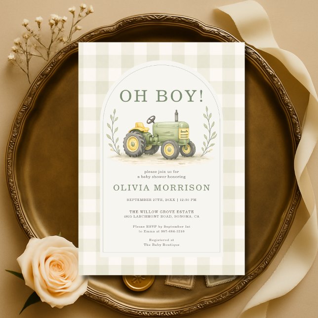 Farm Tractor Gingham Baby Shower Invitation (Creator Uploaded)