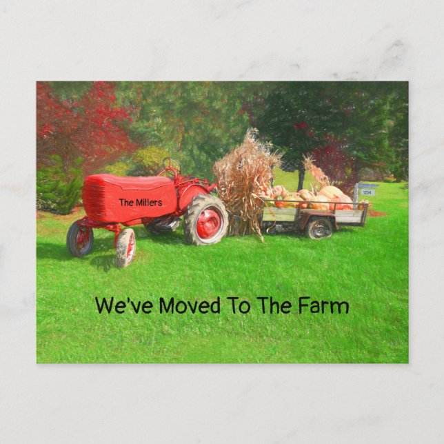 Farm Tractor Red Country Autumn We've Moved Postcard (Front)