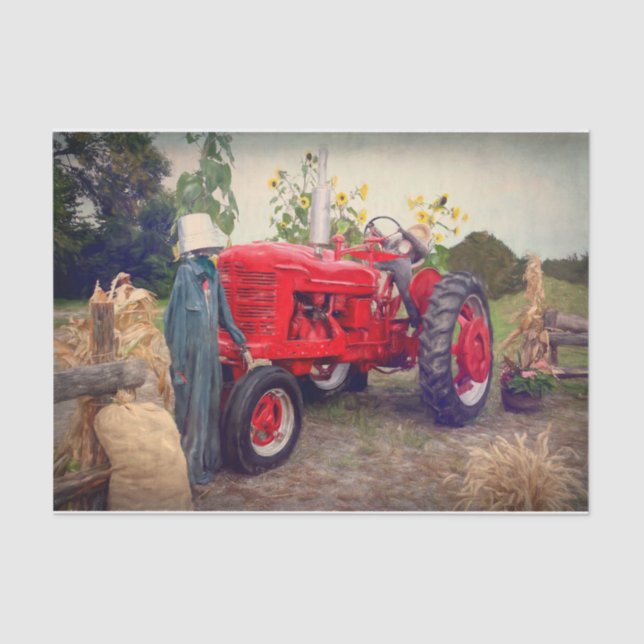 Farm Tractor Red Rustic Country Fall Harvest Tissue Paper (Front)