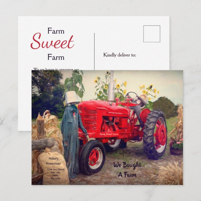 Farm Tractor Red Rustic Country We've Moved Moving Announcement Postcard (Front/Back)