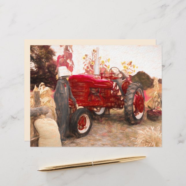 Farm Tractor Red Vintage Rustic Autumn Harvest (Front/Back In Situ)