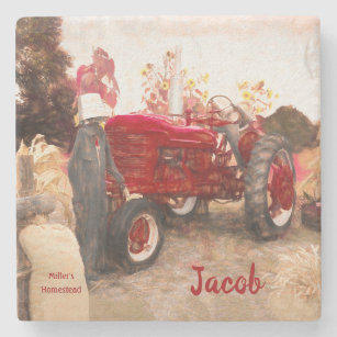 Farm Tractor Red Vintage Rustic Autumn Harvest Stone Coaster