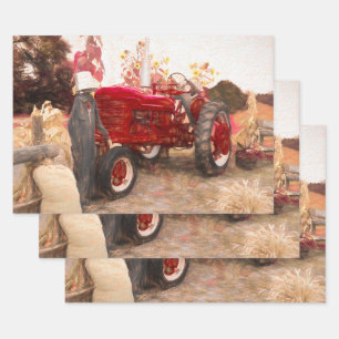 Farm Tractor Red Vintage Rustic Autumn Harvest Wrapping Paper Sheet