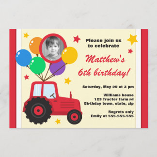 Farm tractor with balloons kids birthday photo invitation