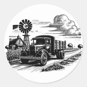 Farm Truck windmill Barn Farmer Art ink drawing Classic Round Sticker