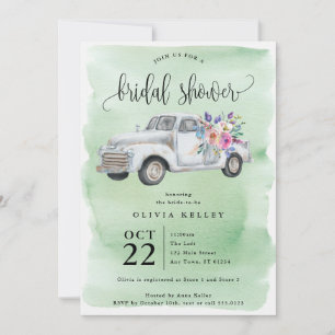 Farm Truck with Flowers, Watercolor Bridal Shower Invitation