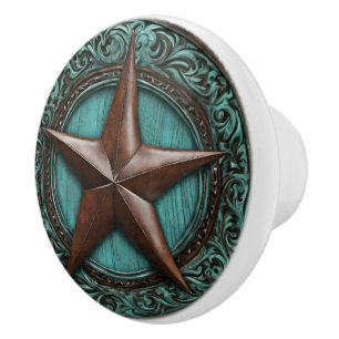 Farm Turquoise Cowboy Country Western Texas Star Ceramic Knob