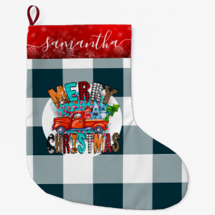 Farm Van Blue white Merry Christmas Stocking