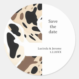 Farm Wedding Cowhide print Save the date Classic Round Sticker