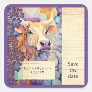 Farm Wedding ox Cow Save the date Square Sticker