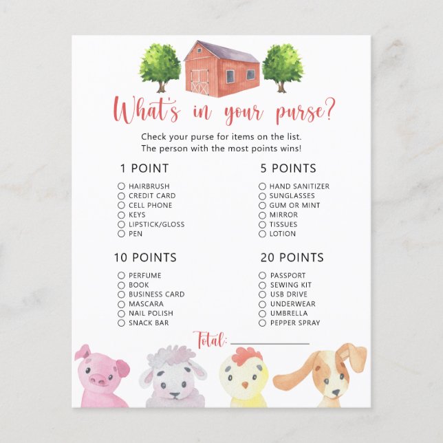 Farm - What's in your purse baby shower game (Front)