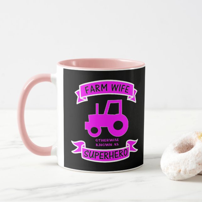 Farm Wife Farming Superhero Quote Pink Tractor Mug (With Donut)