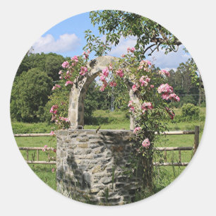 Farm wishing well and roses, Spain Classic Round Sticker