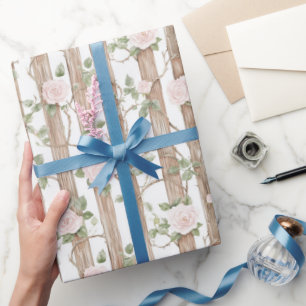 Farm Wood Pink Floral Country Birthday Wrapping Paper