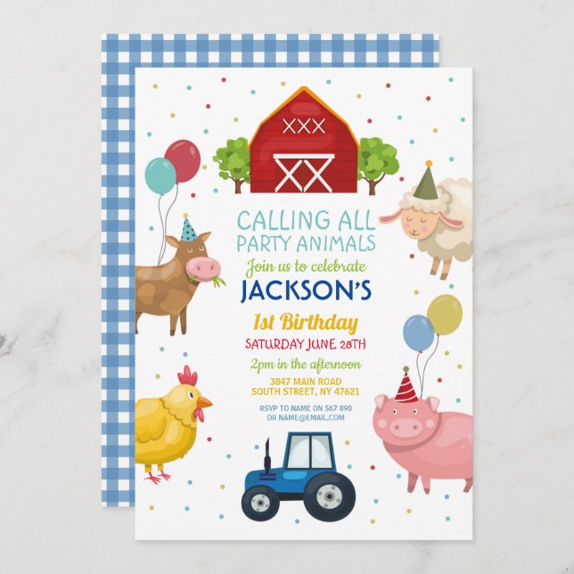 Farm Yard Animals 1st Kids Birthday Blue Tractor Invitation (Front/Back)