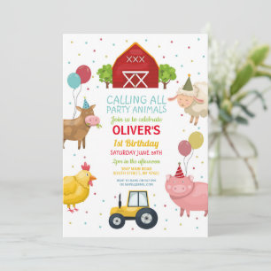 Farm Yard Animals 1st Kids Birthday Invitation