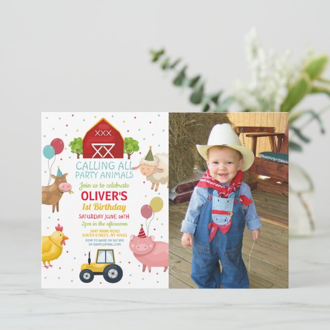 Farm Yard Animals 1st Kids Birthday Photo Invitation (Standing Front)