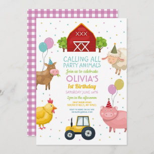 Farm Yard Animals 1st Kids Birthday Pink Girls Invitation