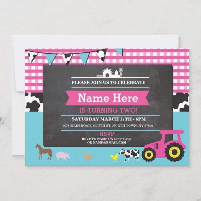 Farm Yard Birthday Party Animal Pig Tractor Invite (Front)