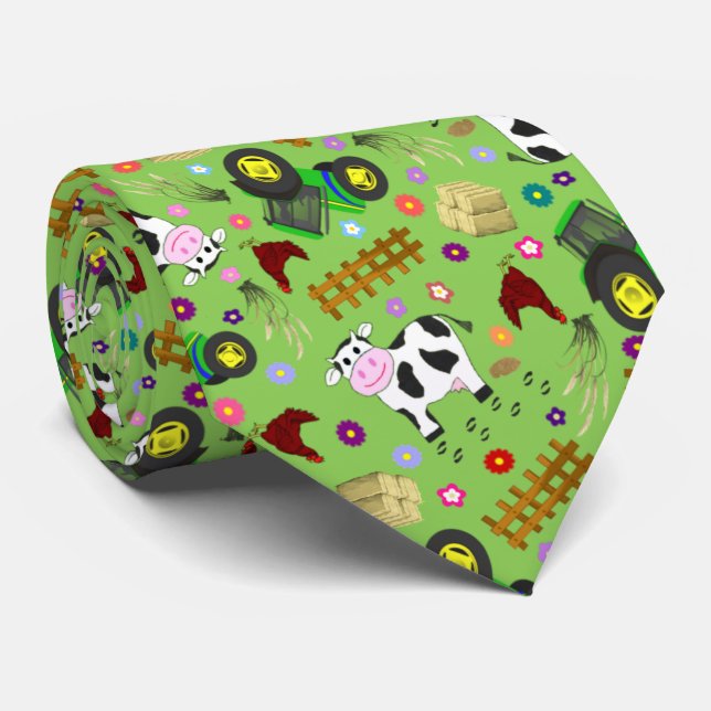 Farm yard cow and green tractor tie (Rolled)