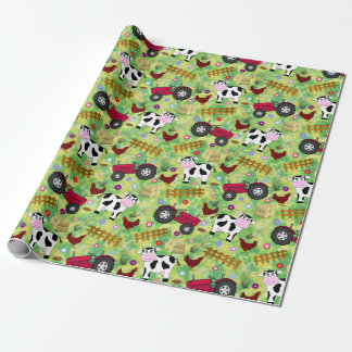 Farm yard cow and red tractor wrapping paper