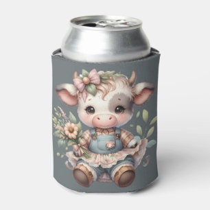 Farmcore Kawaii Calf in Vintage Floral Dress Can Cooler