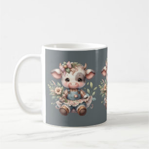 Farmcore Kawaii Calf in Vintage Floral Dress Coffee Mug