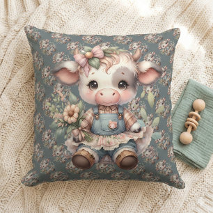 Farmcore Kawaii Calf in Vintage Floral Dress Cushion