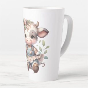 Farmcore Kawaii Calf in Vintage Floral Dress Latte Mug