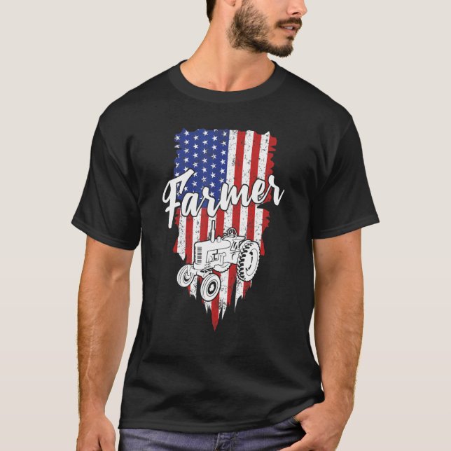 Farmer American Flag Retro Farming Tractor Usa Pat T-Shirt (Front)